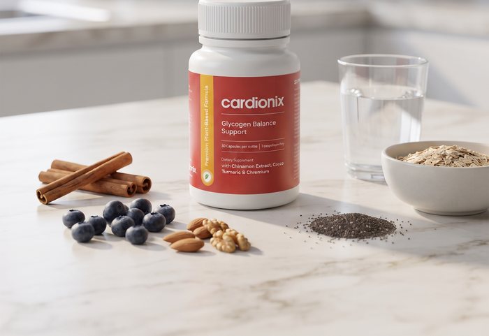 Burk med Cardionix på en bänkskiva tillsammans med kanelstänger, blåbär, valnötter och en skål havregryn