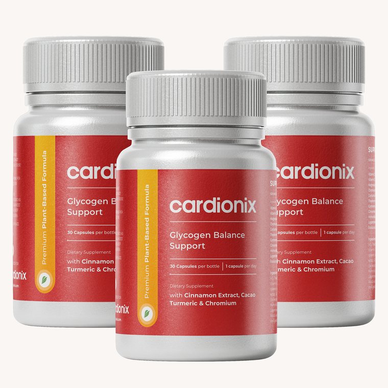 Tre burkar Cardionix med röd etikett och vitt lock, 30 kapslar per burk